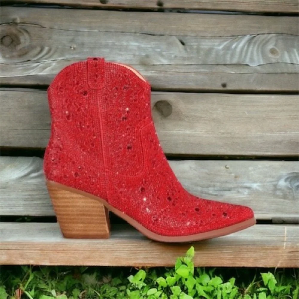 MIIM ANGEL Red Rhinestone Gem Embellished Ankle Western Heeled Cowboy Boots